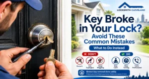Key broke in lock in Cleveland with a locksmith safely removing the broken key and showing common mistakes to avoid
