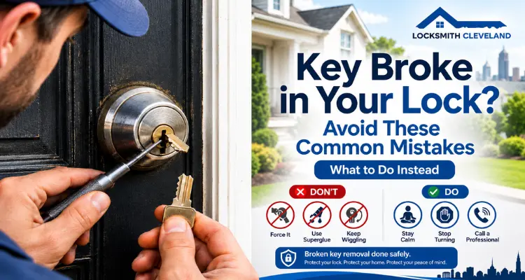 Key broke in lock in Cleveland with a locksmith safely removing the broken key and showing common mistakes to avoid