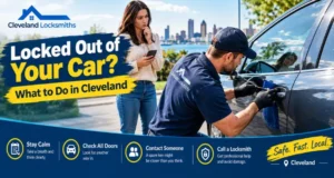 Locked out of car in Cleveland with a professional automotive locksmith safely unlocking the vehicle