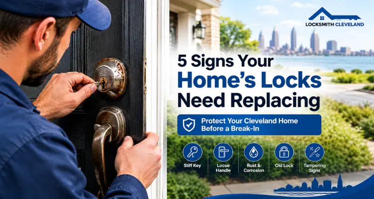 5 signs your home’s locks need replacing in Cleveland, including stiff keys, loose handles, rust, old locks, and tampering