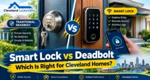 Smart lock vs deadbolt comparison for Cleveland homes showing traditional deadbolt and modern smart lock security features